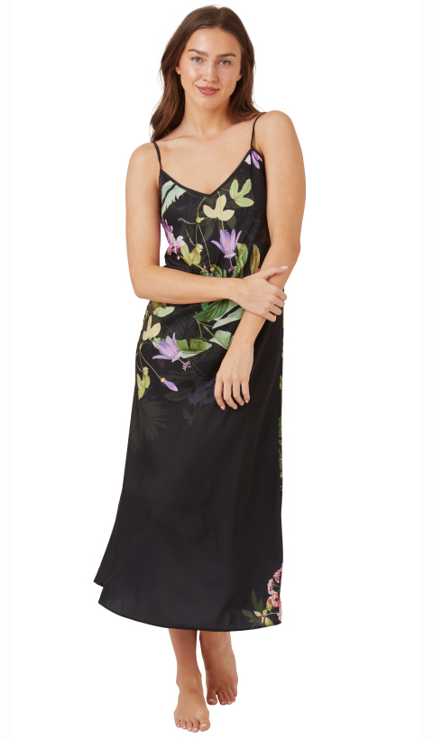 Indigo Sky Black Floral Matt Satin Long Chemise